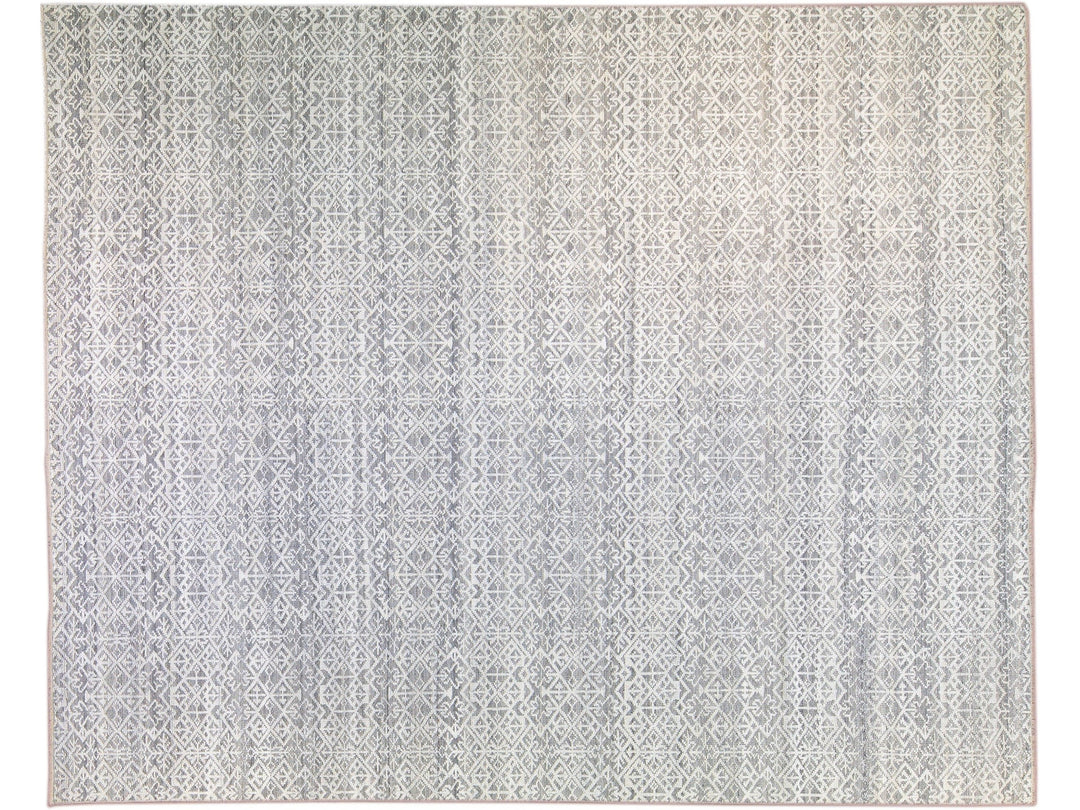 Modern Transitional Gray and Ivory Handmade Allover Geometric Oversize Wool Rug