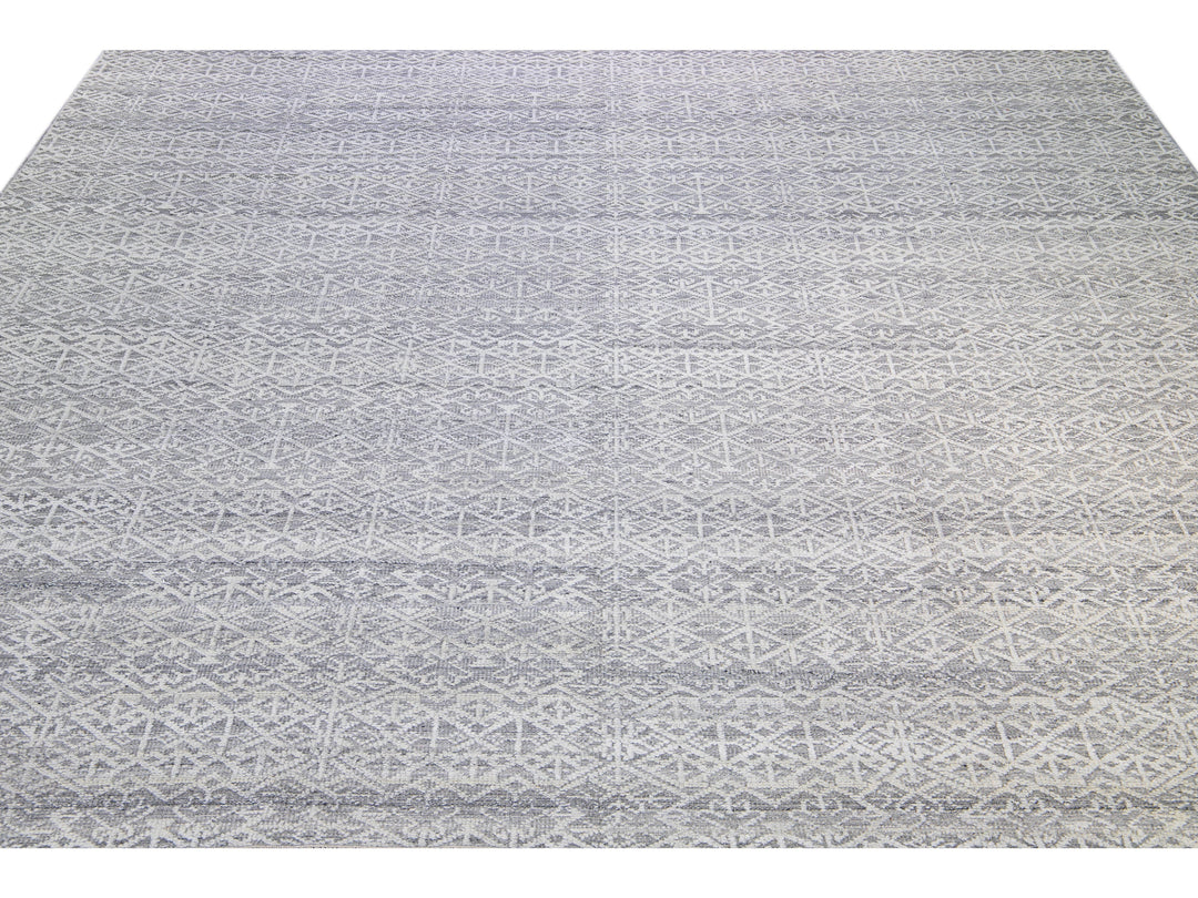 Modern Transitional Gray and Ivory Handmade Allover Geometric Oversize Wool Rug