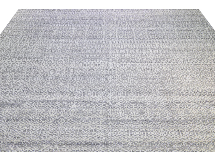 Modern Transitional Gray and Ivory Handmade Allover Geometric Oversize Wool Rug