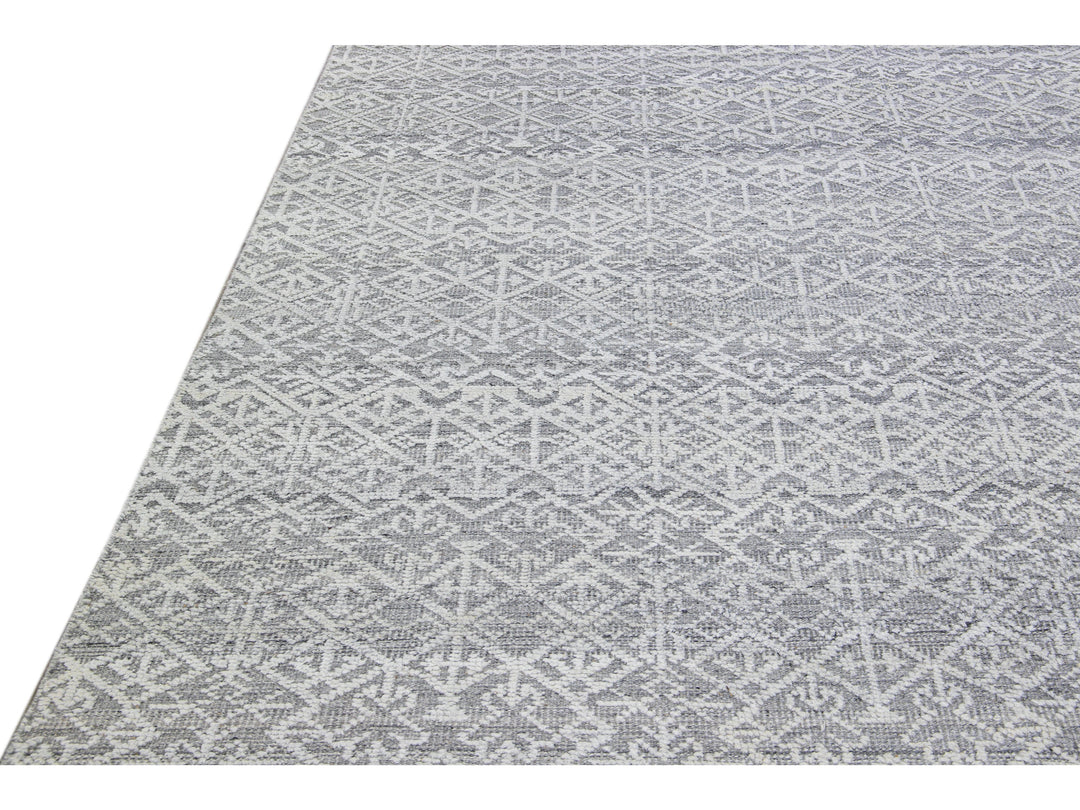 Modern Transitional Gray and Ivory Handmade Allover Geometric Oversize Wool Rug