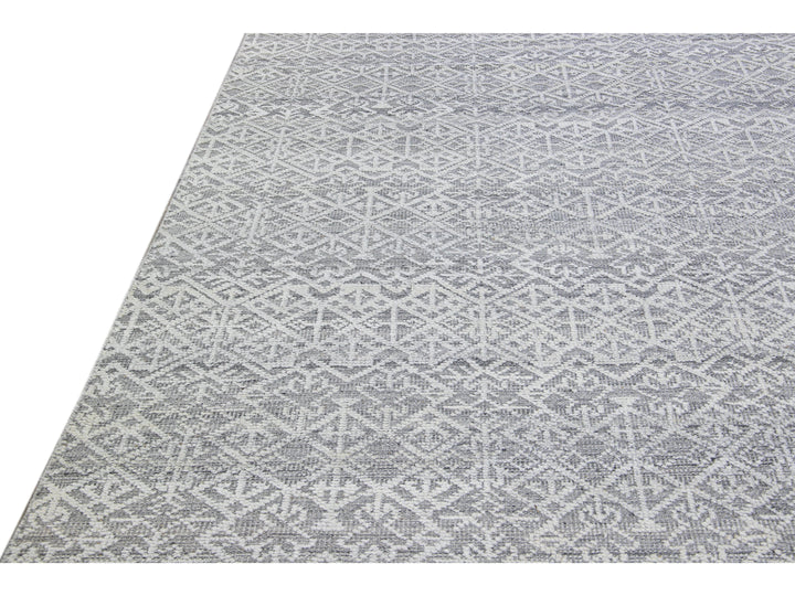 Modern Transitional Gray and Ivory Handmade Allover Geometric Oversize Wool Rug