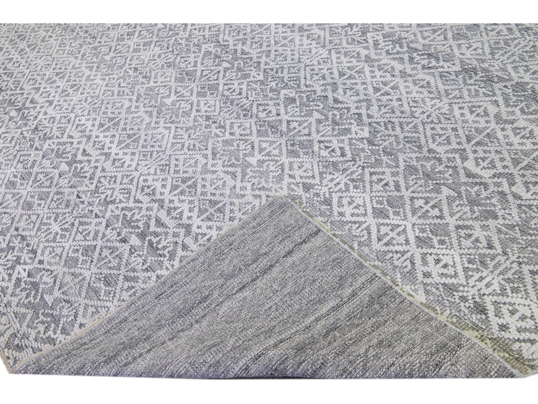 Modern Transitional Gray and Ivory Handmade Allover Geometric Oversize Wool Rug