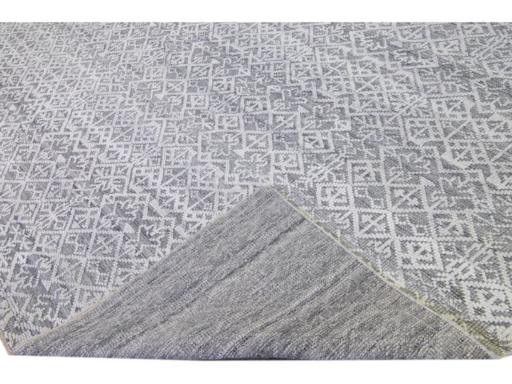 Modern Transitional Gray and Ivory Handmade Allover Geometric Oversize Wool Rug