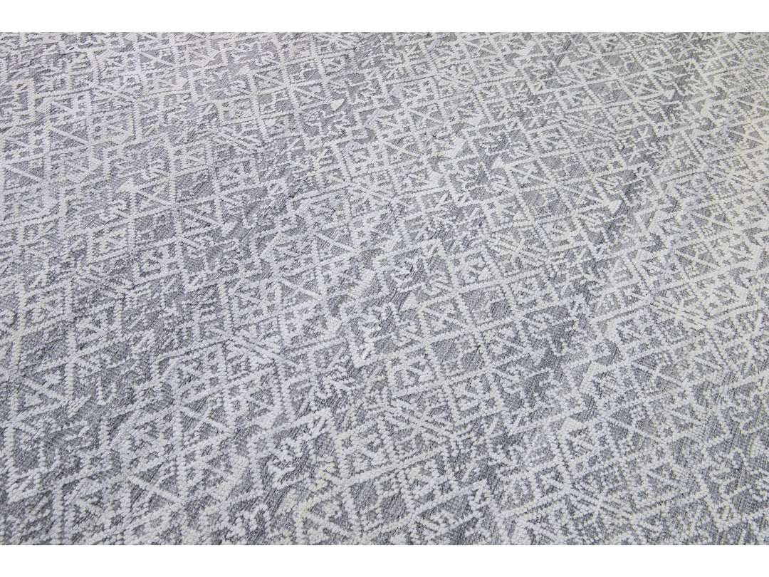 Modern Transitional Gray and Ivory Handmade Allover Geometric Oversize Wool Rug