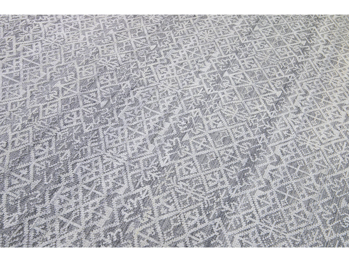 Modern Transitional Gray and Ivory Handmade Allover Geometric Oversize Wool Rug