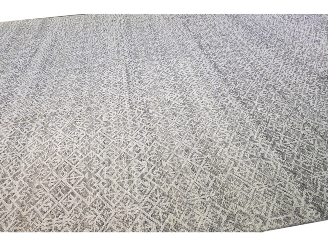 Modern Transitional Gray and Ivory Handmade Allover Geometric Oversize Wool Rug