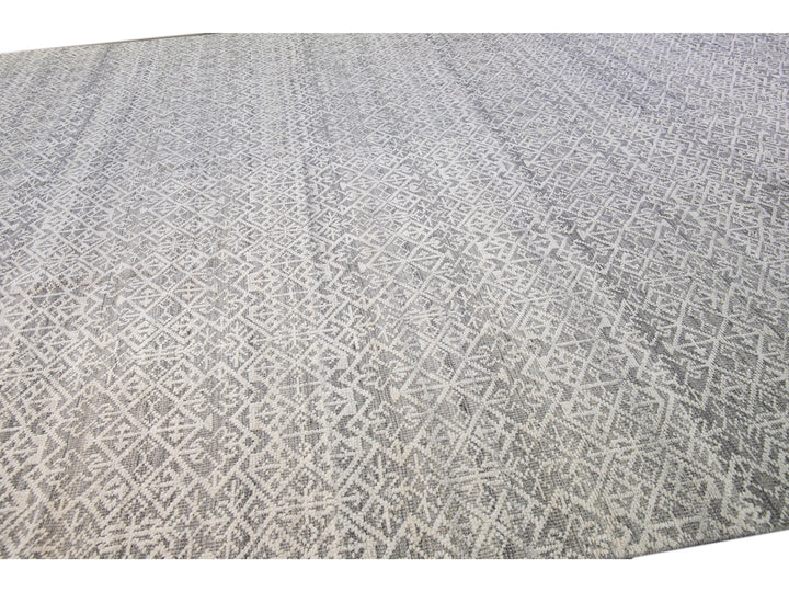 Modern Transitional Gray and Ivory Handmade Allover Geometric Oversize Wool Rug