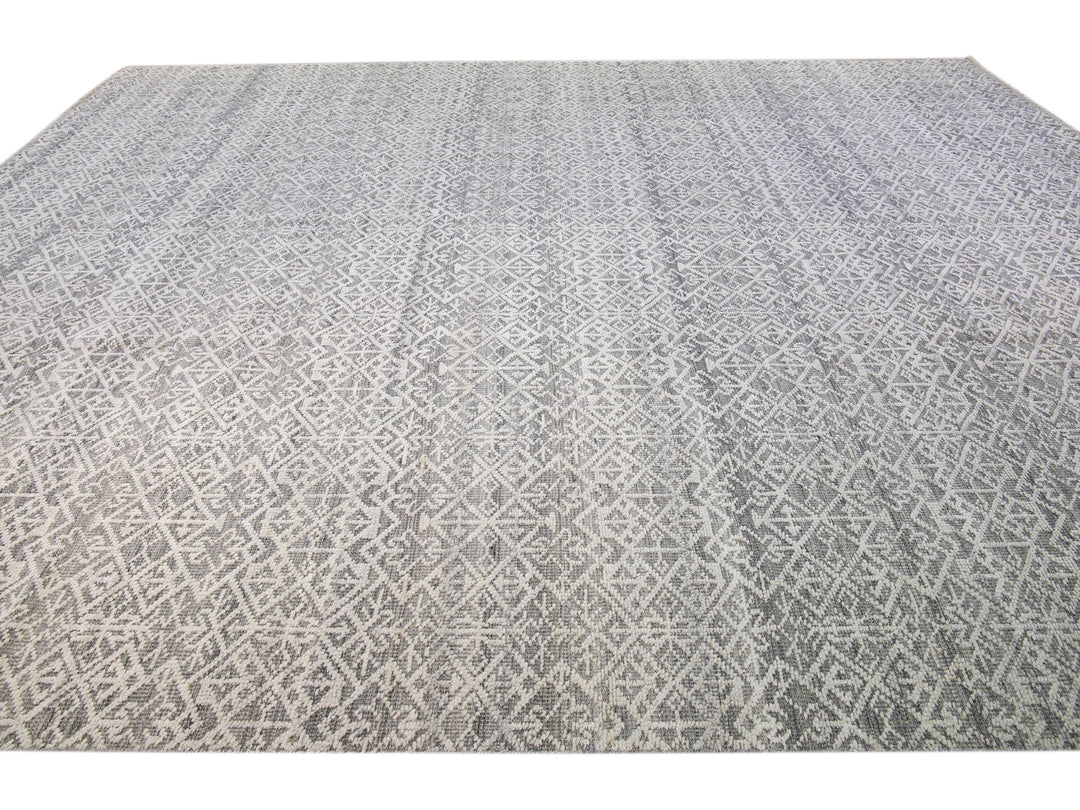 Modern Transitional Gray and Ivory Handmade Allover Geometric Oversize Wool Rug