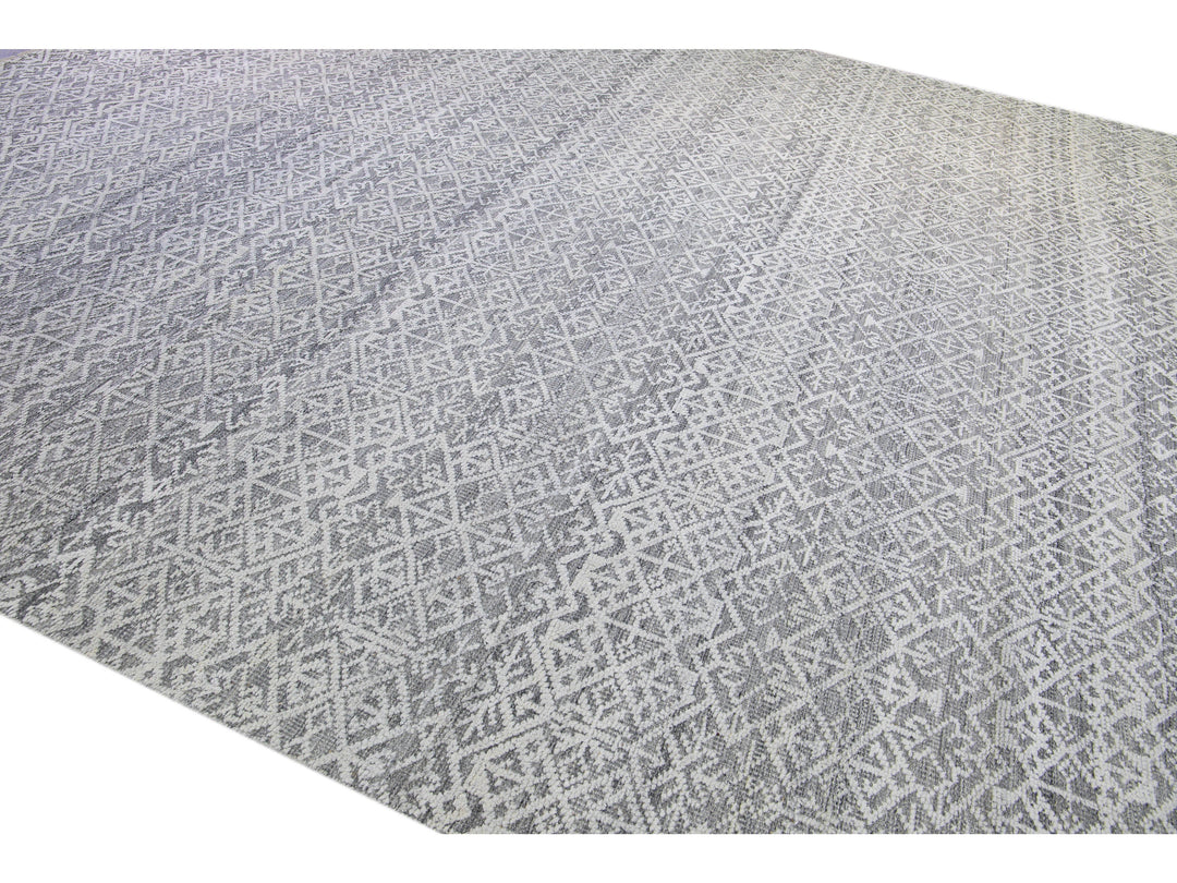 Modern Transitional Gray and Ivory Handmade Allover Geometric Oversize Wool Rug