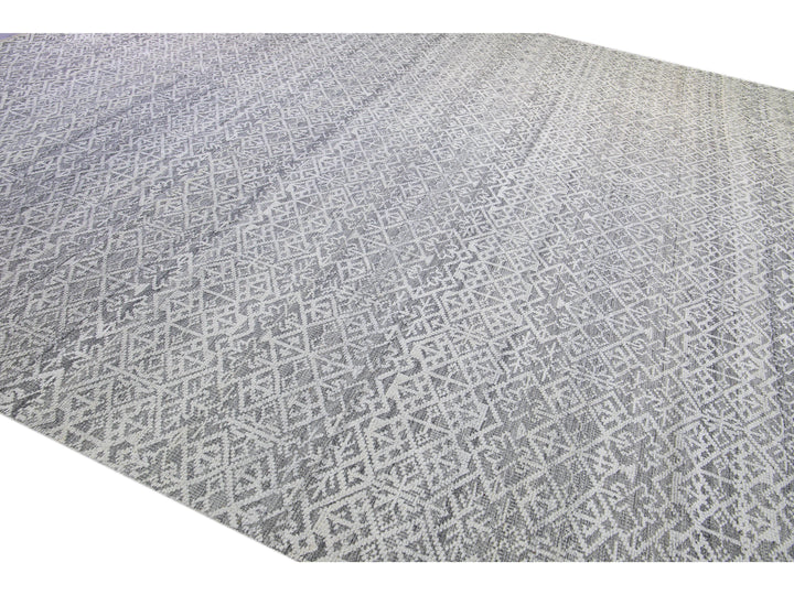 Modern Transitional Gray and Ivory Handmade Allover Geometric Oversize Wool Rug