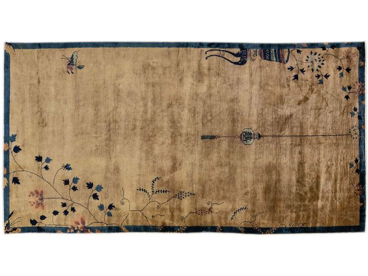 Antique Peking Brown Handmade Chinese Floral Wool Runner Rug