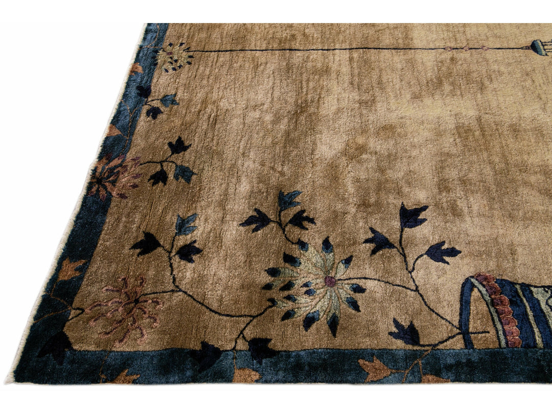 Antique Peking Brown Handmade Chinese Floral Wool Runner Rug