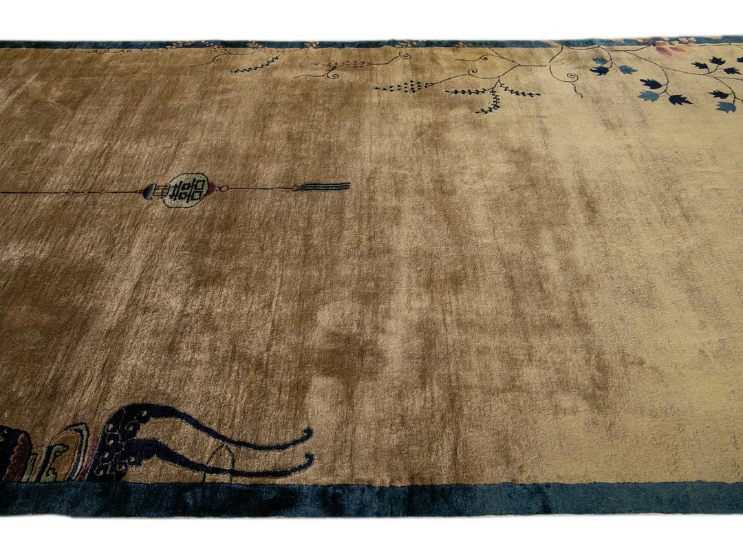 Antique Peking Brown Handmade Chinese Floral Wool Runner Rug