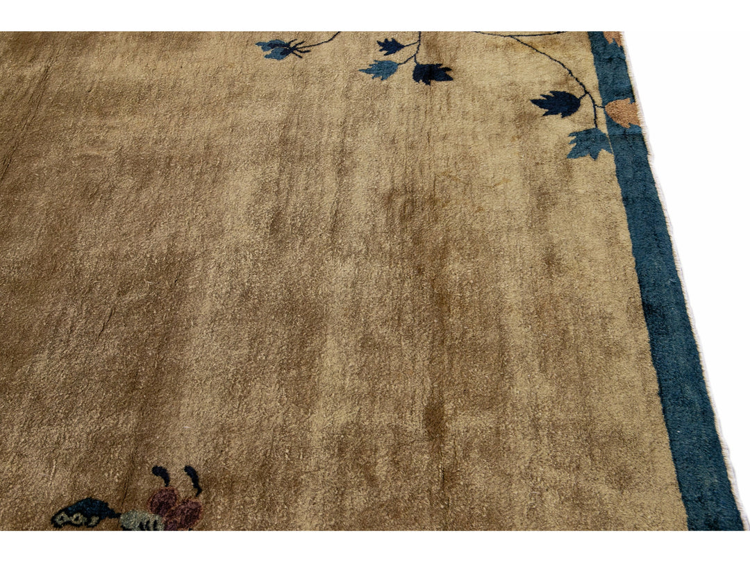 Antique Peking Brown Handmade Chinese Floral Wool Runner Rug