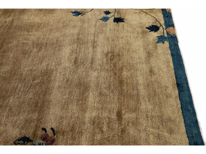 Antique Peking Brown Handmade Chinese Floral Wool Runner Rug
