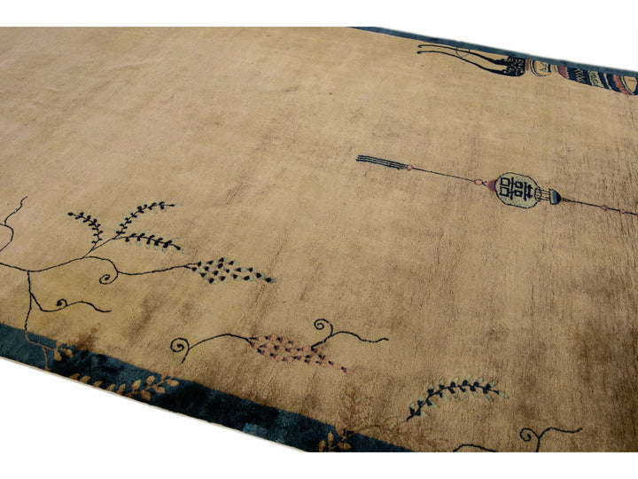 Antique Peking Brown Handmade Chinese Floral Wool Runner Rug