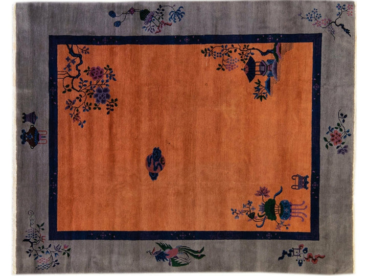 Antique Art Deco Gray and Tan Chinese Handmade Wool Rug