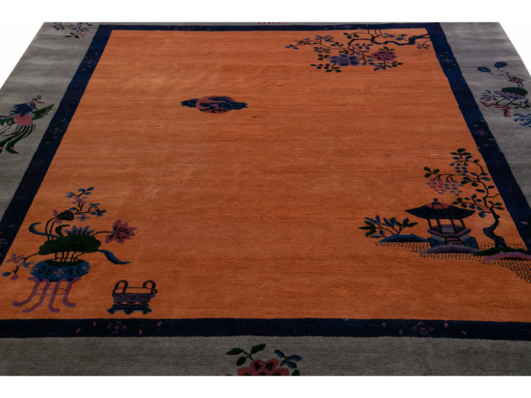 Antique Art Deco Gray and Tan Chinese Handmade Wool Rug