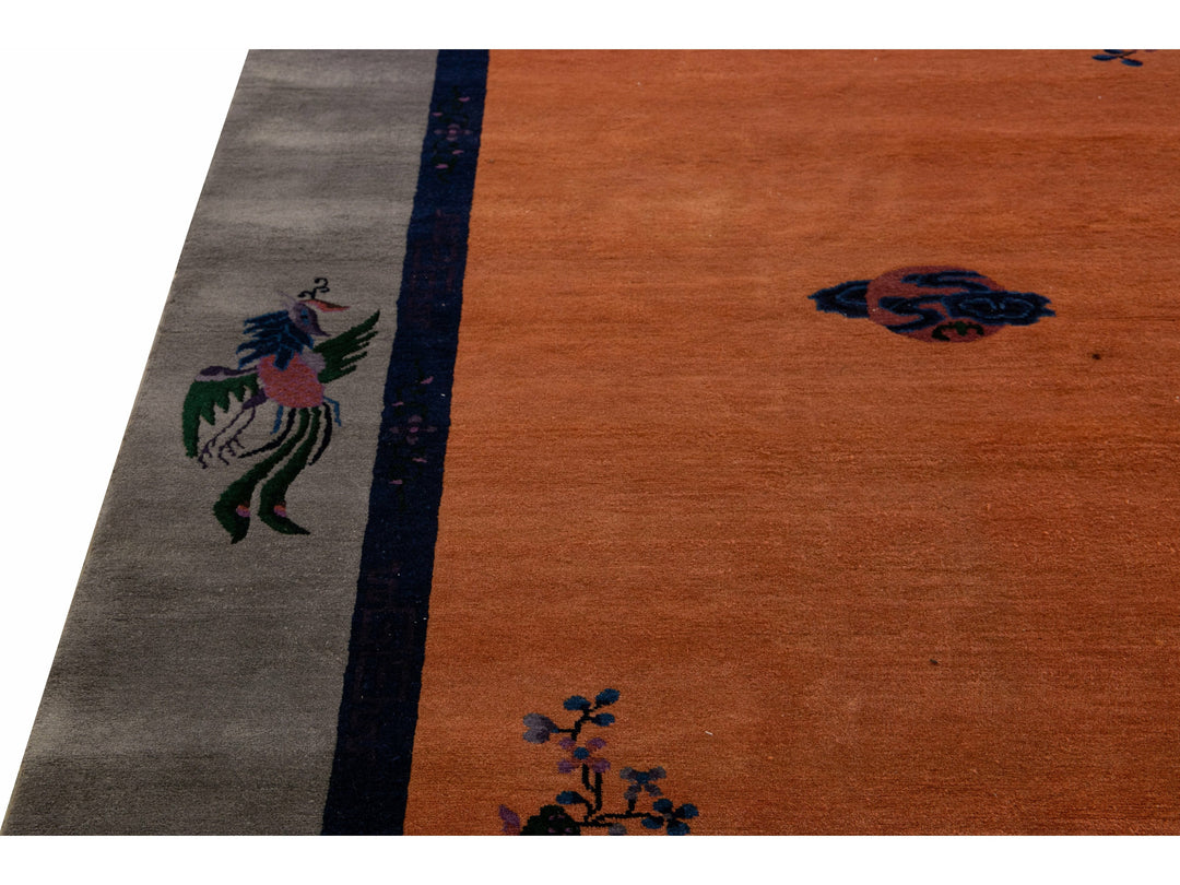 Antique Art Deco Gray and Tan Chinese Handmade Wool Rug