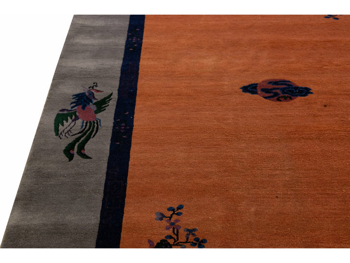 Antique Art Deco Gray and Tan Chinese Handmade Wool Rug