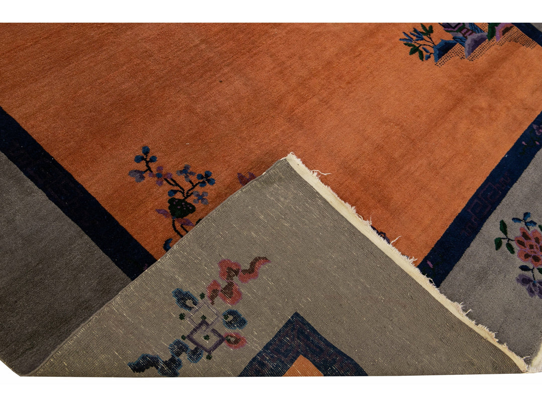 Antique Art Deco Gray and Tan Chinese Handmade Wool Rug