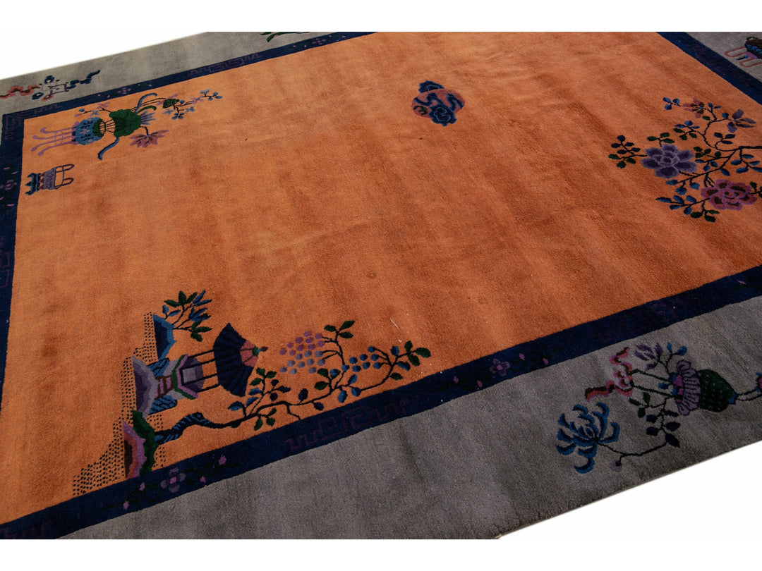 Antique Art Deco Gray and Tan Chinese Handmade Wool Rug