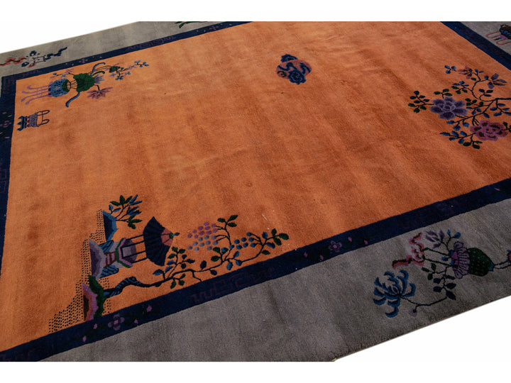 Antique Art Deco Gray and Tan Chinese Handmade Wool Rug