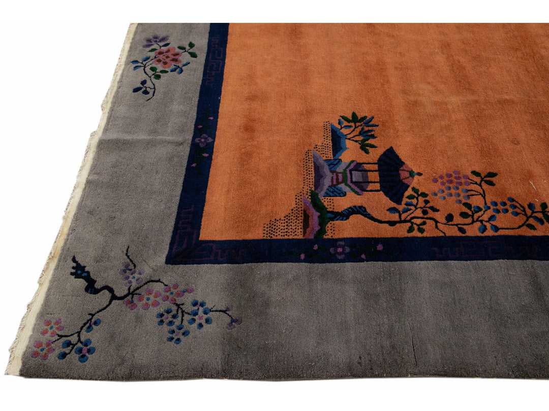 Antique Art Deco Gray and Tan Chinese Handmade Wool Rug