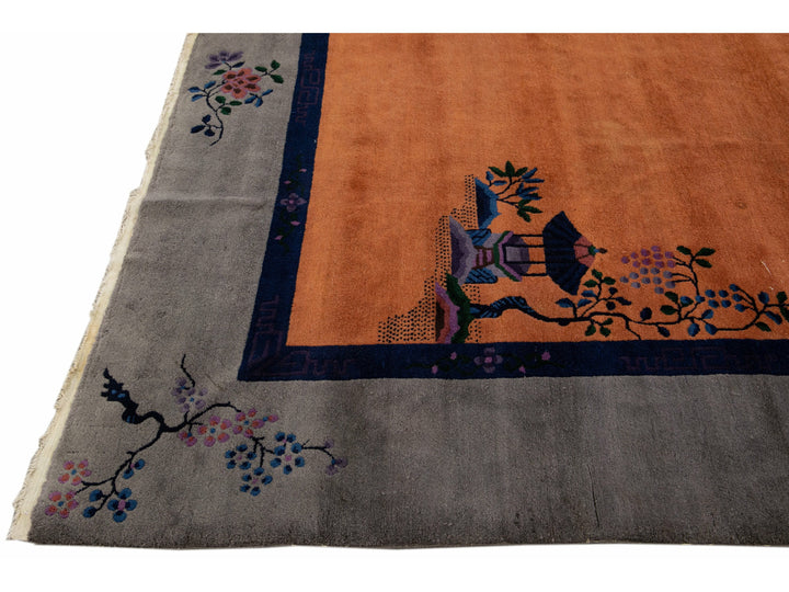 Antique Art Deco Gray and Tan Chinese Handmade Wool Rug