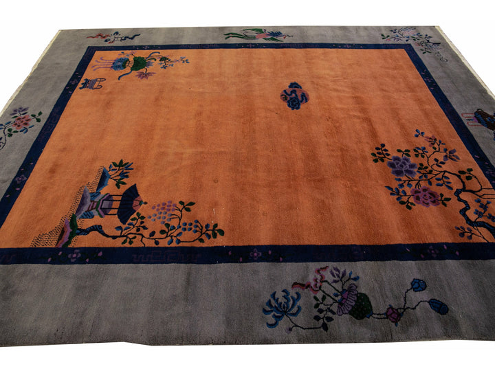 Antique Art Deco Gray and Tan Chinese Handmade Wool Rug