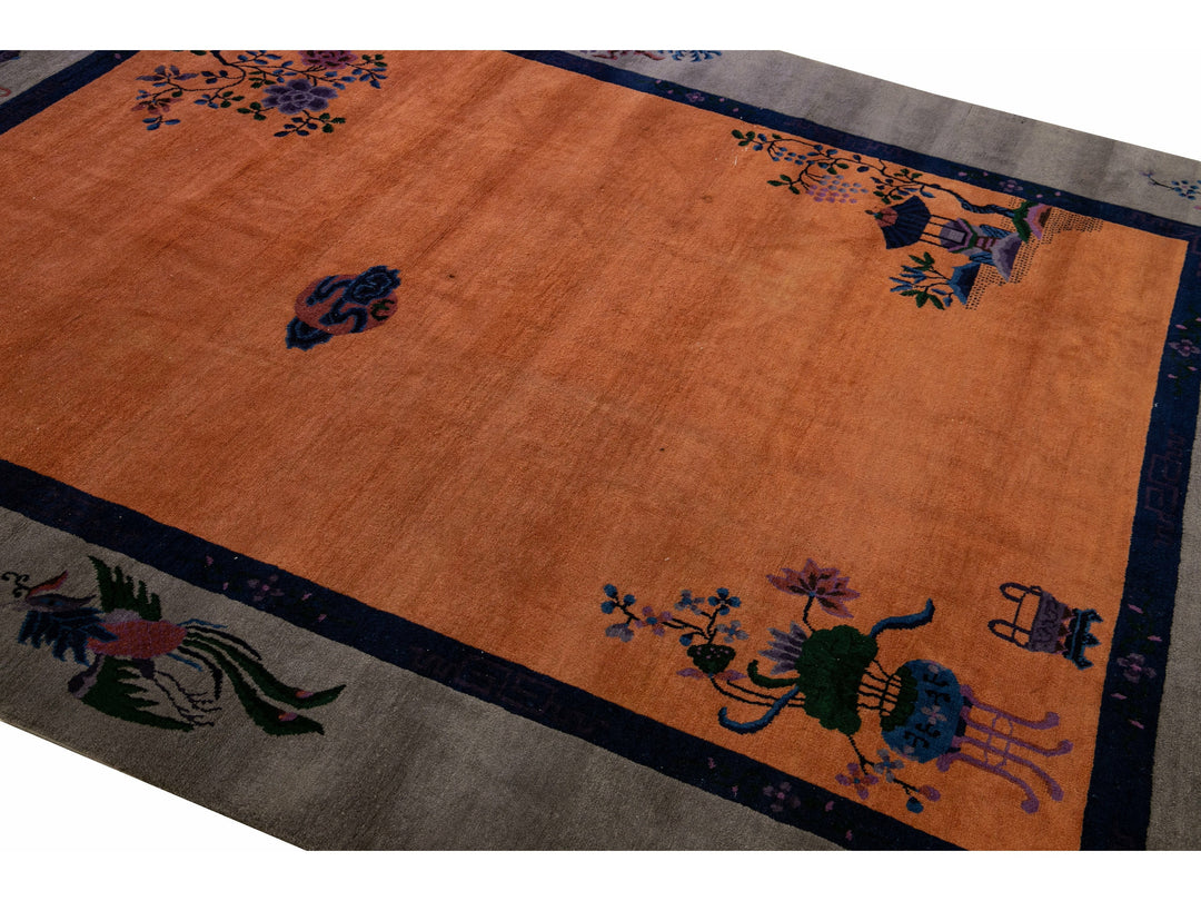 Antique Art Deco Gray and Tan Chinese Handmade Wool Rug