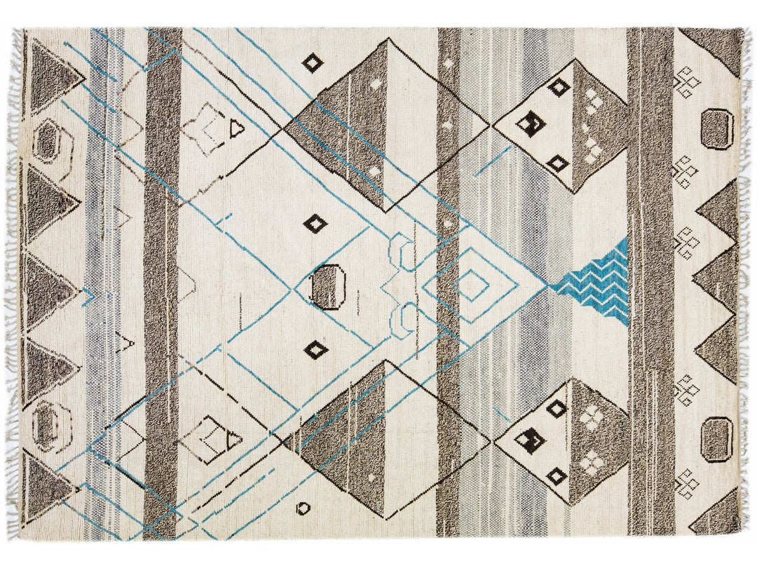 Beige Modern Moroccan Style Handmade Boho Pattern Wool Rug