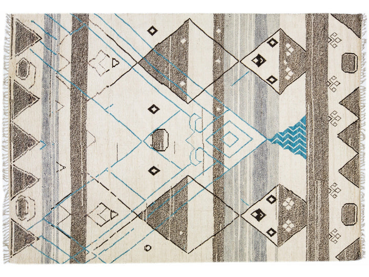 Beige Modern Moroccan Style Handmade Boho Pattern Wool Rug