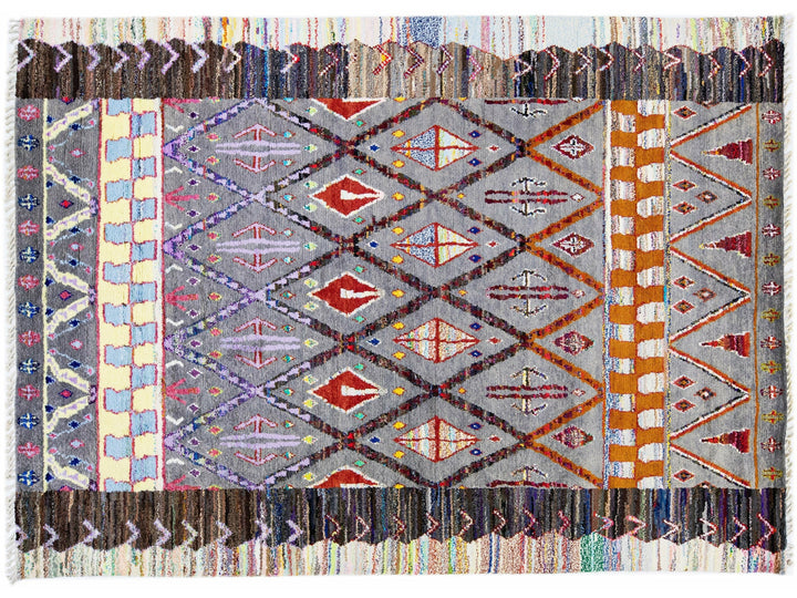 Modern Moroccan Style Gray Handmade Wool Rug With Multicolor Tribal Design