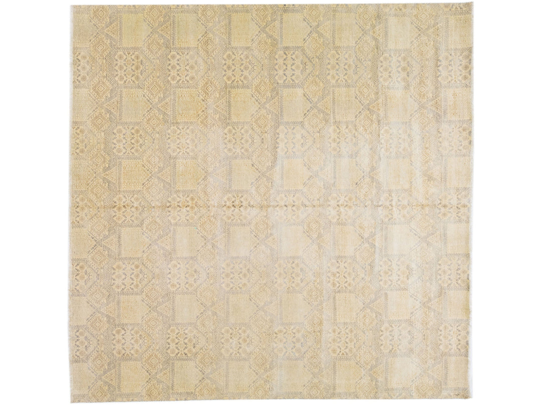 Modern Handmade Beige Square Wool Rug with Geometric Pattern