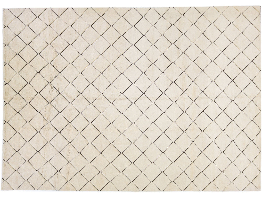 Modern Geometric Moroccan Style Handmade Wool Rug In Ivory