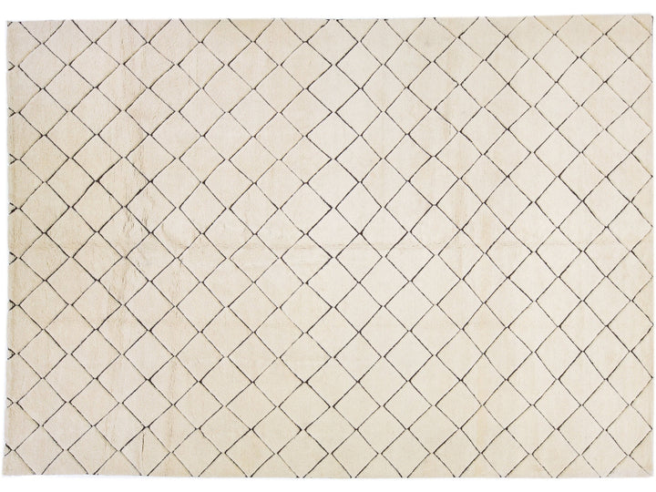Modern Geometric Moroccan Style Handmade Wool Rug In Ivory