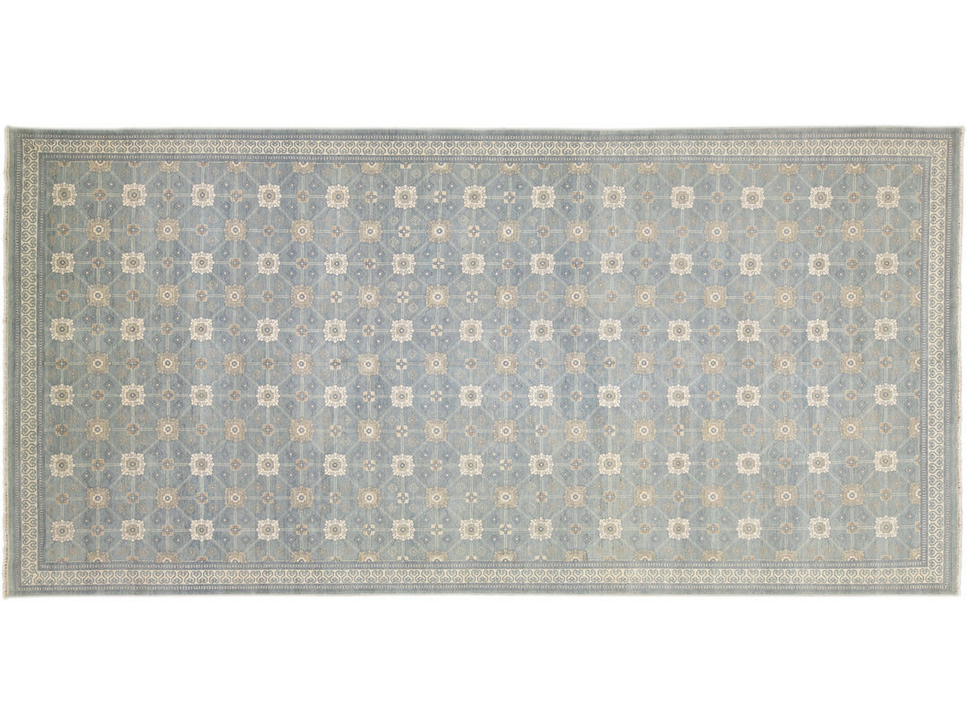 Modern Gray Khotan Style Handmade Geometric Designed Wool Rug