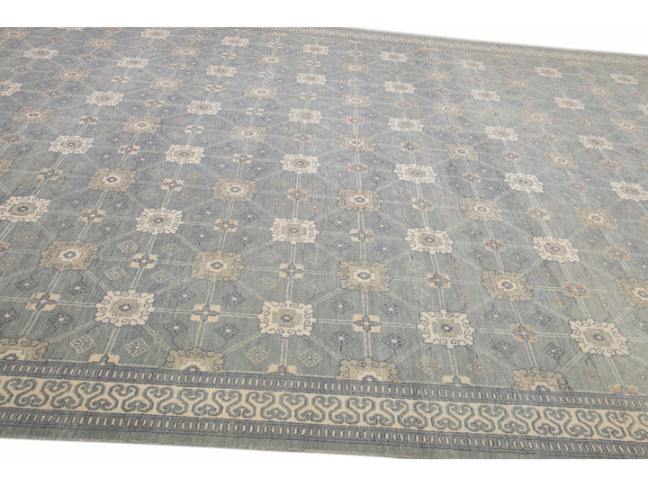 Modern Gray Khotan Style Handmade Geometric Designed Wool Rug