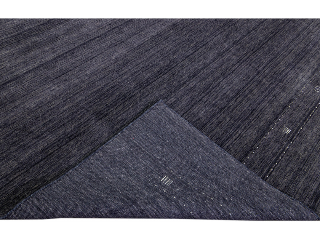 Modern Gabbeh Style Hand-Loom Charcoal Blue Wool Rug With Minimal Design