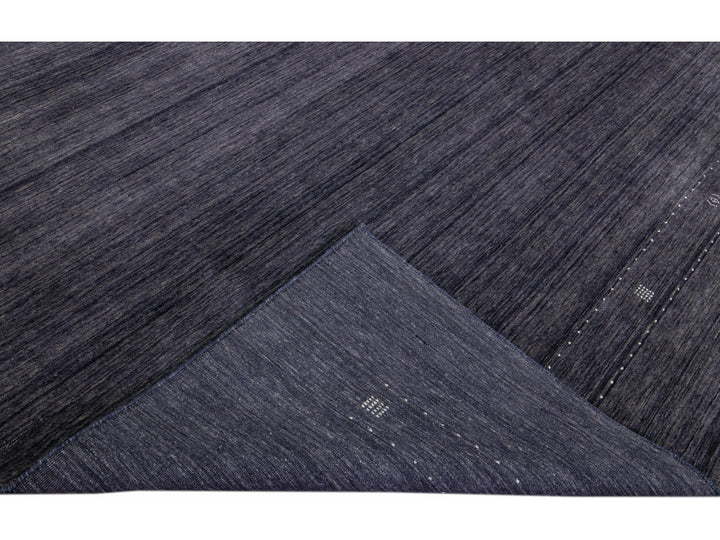 Modern Gabbeh Style Hand-Loom Charcoal Blue Wool Rug With Minimal Design