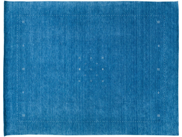 Modern Gabbeh Style Hand-Loom Wool Rug With Azure Blue Solid Color
