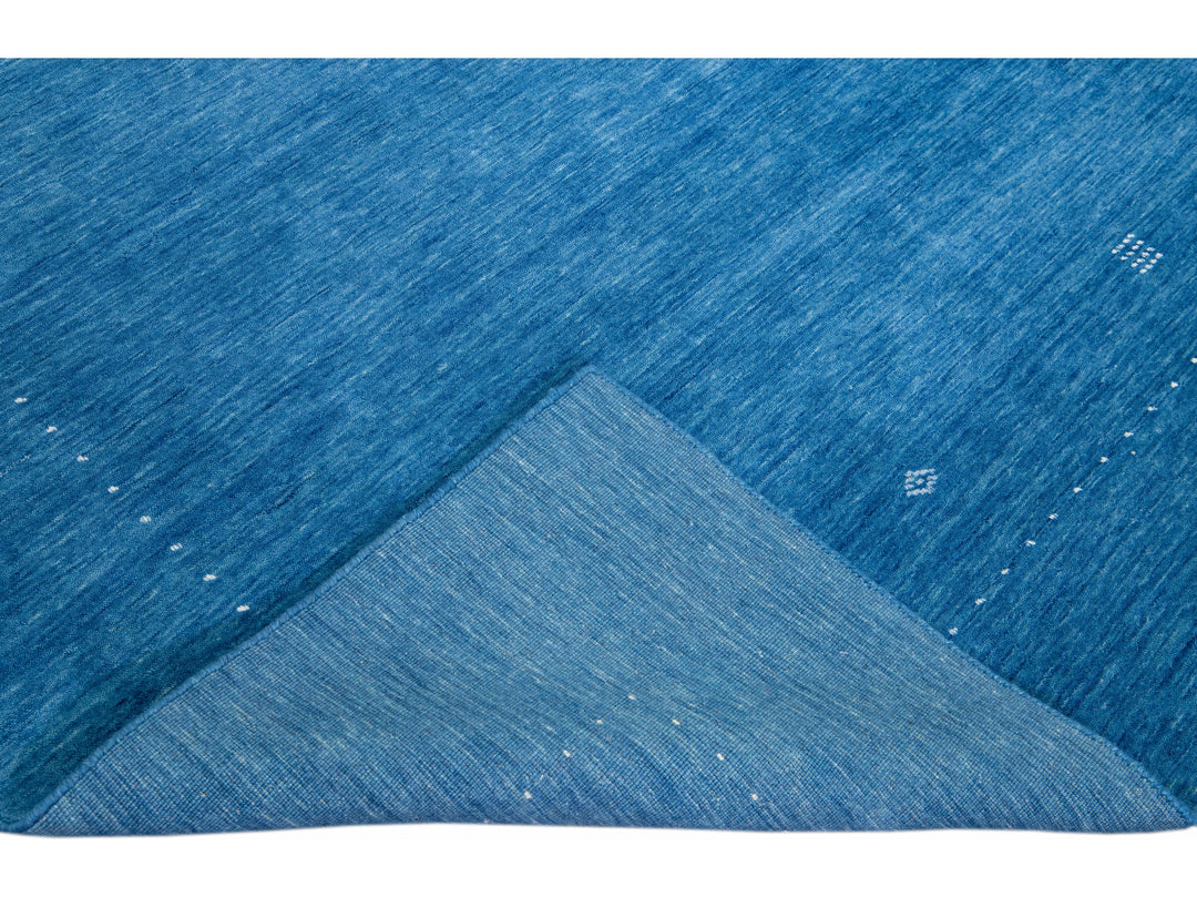 Modern Gabbeh Style Hand-Loom Wool Rug With Azure Blue Solid Color