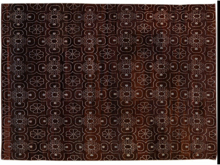 Modern Tibetan Arabesque Style Handmade Burgundy Wool and Silk Rug