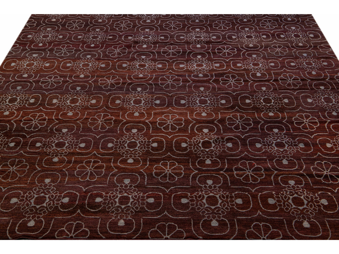 Modern Tibetan Arabesque Style Handmade Burgundy Wool and Silk Rug