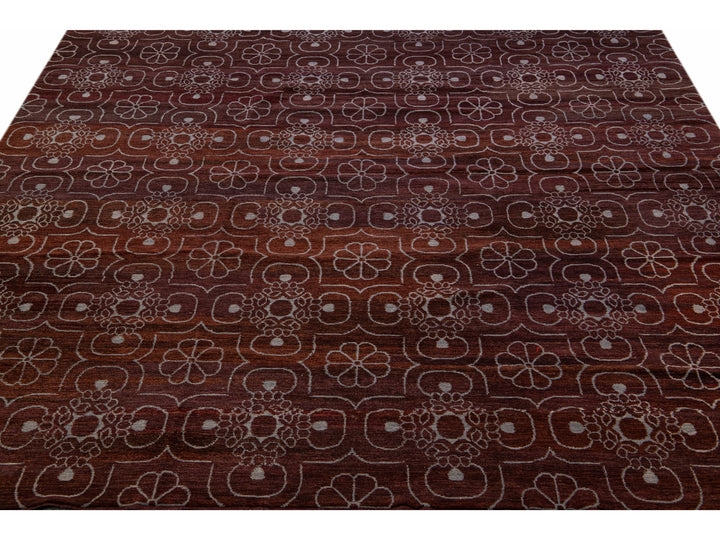 Modern Tibetan Arabesque Style Handmade Burgundy Wool and Silk Rug