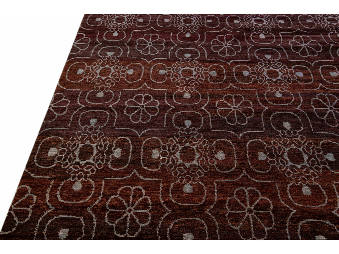 Modern Tibetan Arabesque Style Handmade Burgundy Wool and Silk Rug
