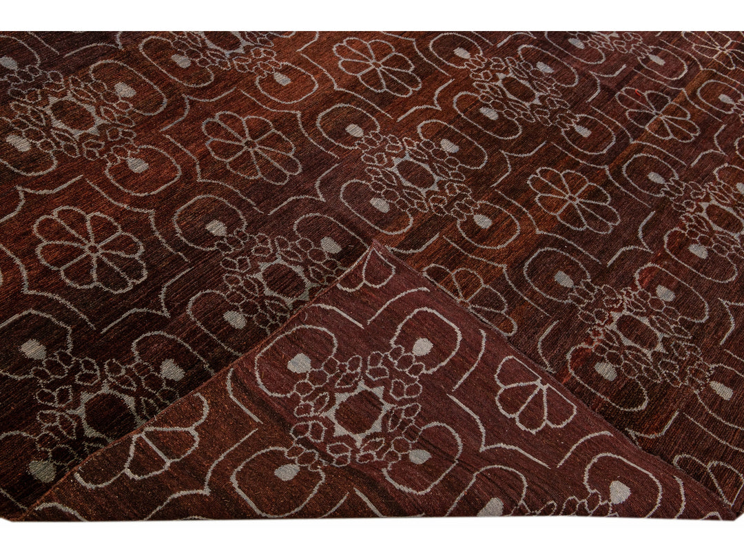 Modern Tibetan Arabesque Style Handmade Burgundy Wool and Silk Rug
