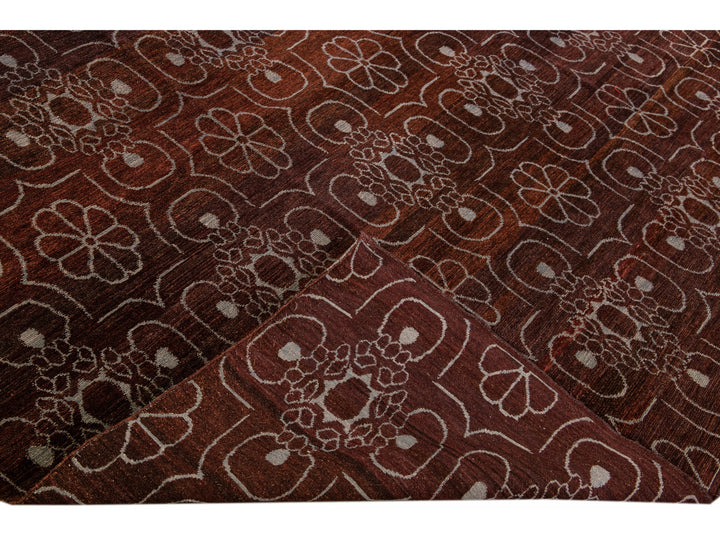 Modern Tibetan Arabesque Style Handmade Burgundy Wool and Silk Rug