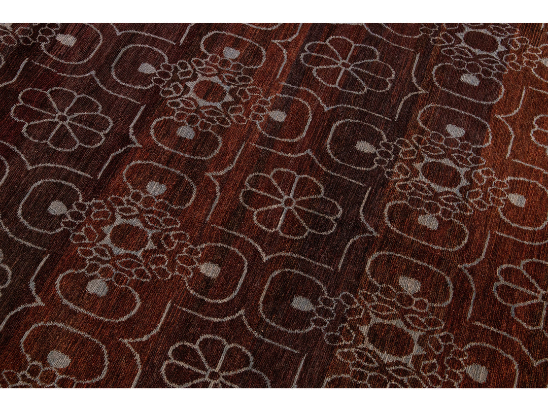 Modern Tibetan Arabesque Style Handmade Burgundy Wool and Silk Rug